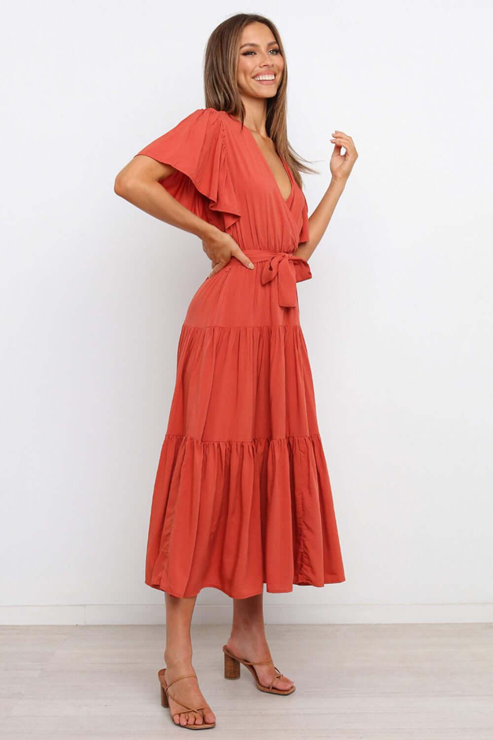 Tied Tiered Short Sleeve Midi Dress - Clothes For Her Online Store