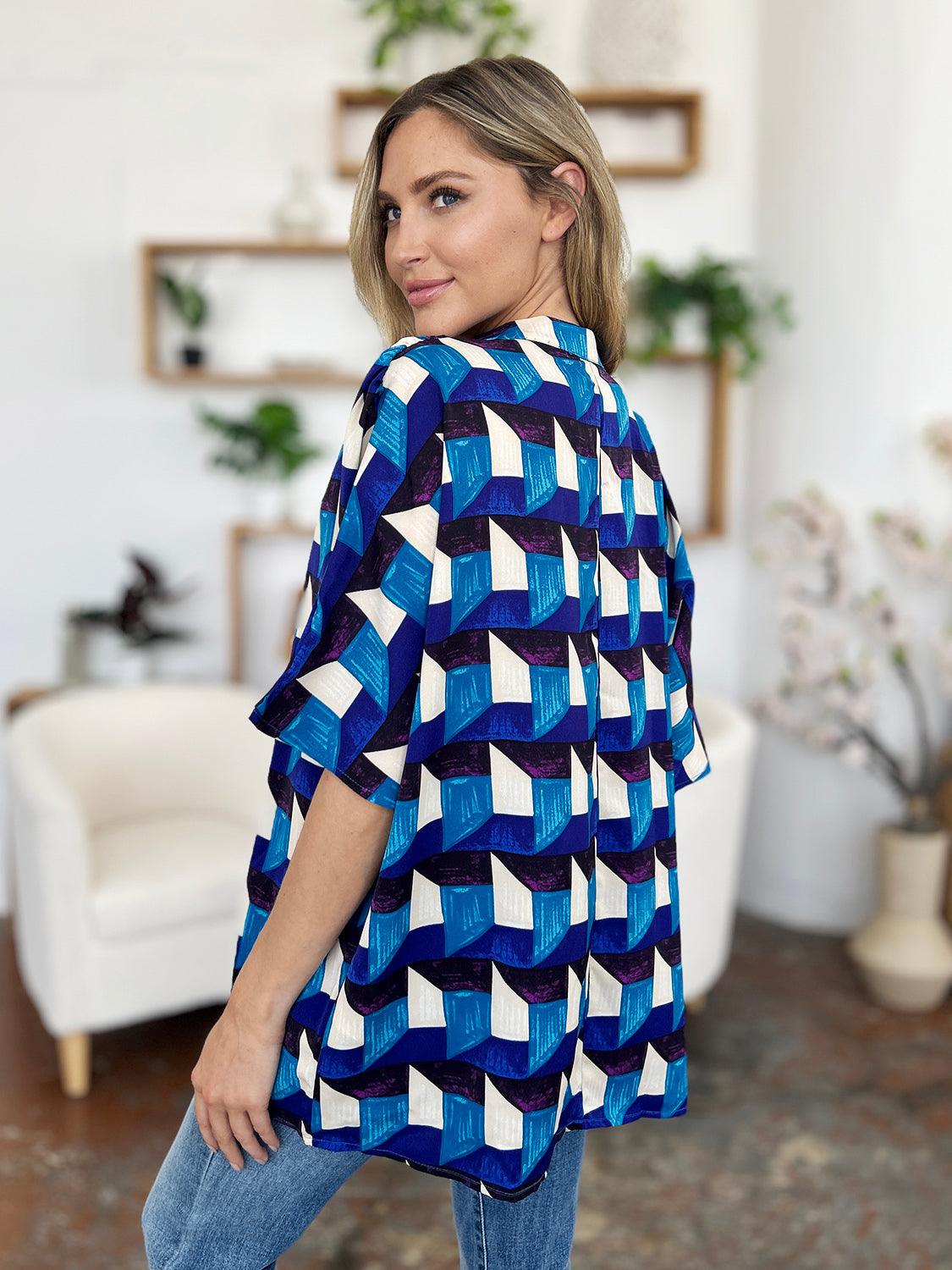 Double Take Full Size Geometric Notched Half Sleeve Blouse - Clothes For Her Online Store
