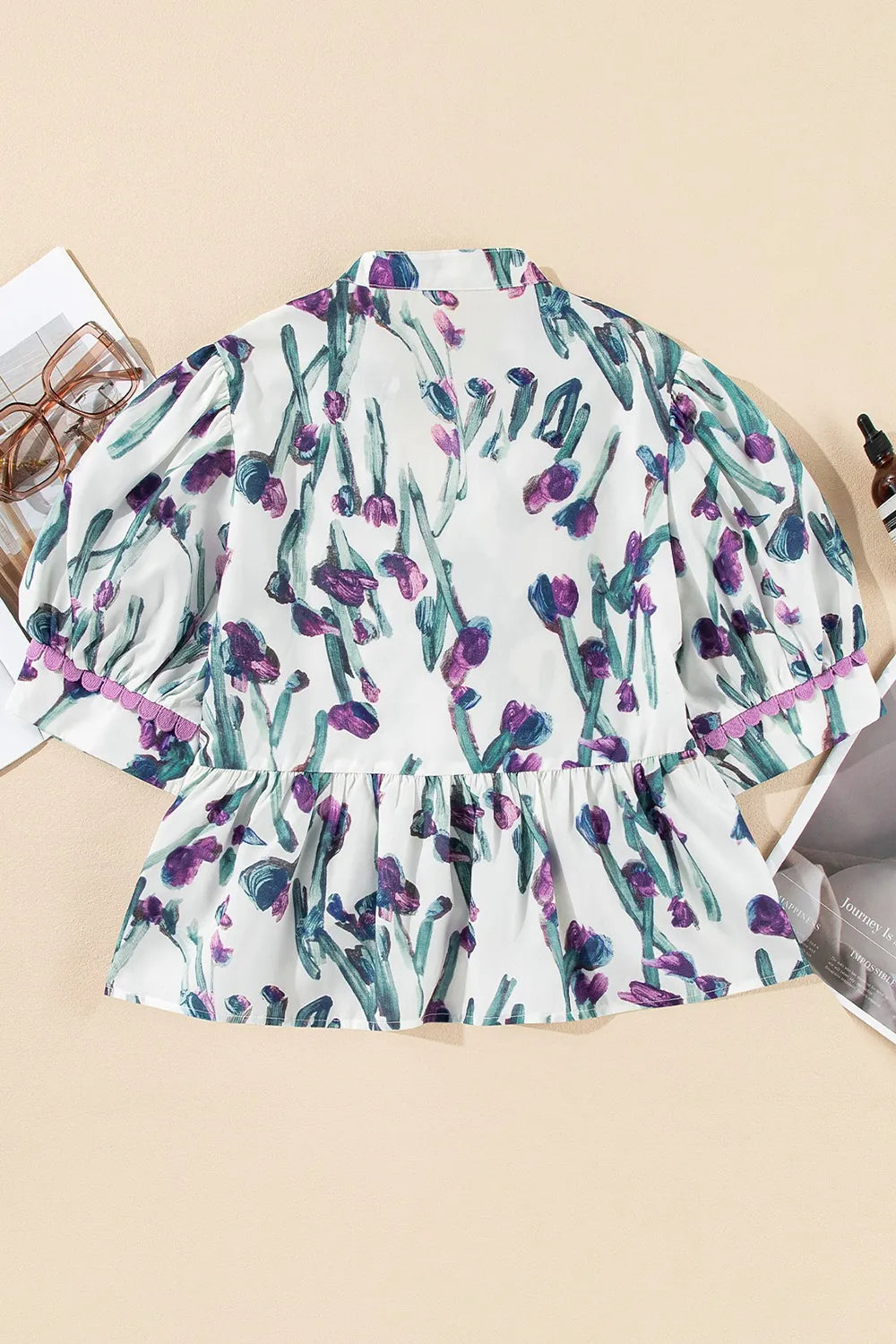 Floral Ricrac Trim Half Sleeve Peplum Top - Clothes For Her Online Store