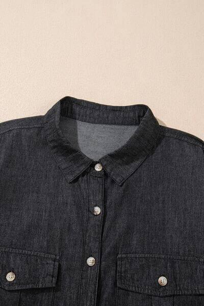Pocketed Collared Neck Long Sleeve Denim Top - Clothes For Her Online Store