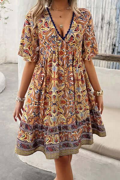Devine Printed V-Neck Half Sleeve Mini Dress - Clothes For Her Online Store
