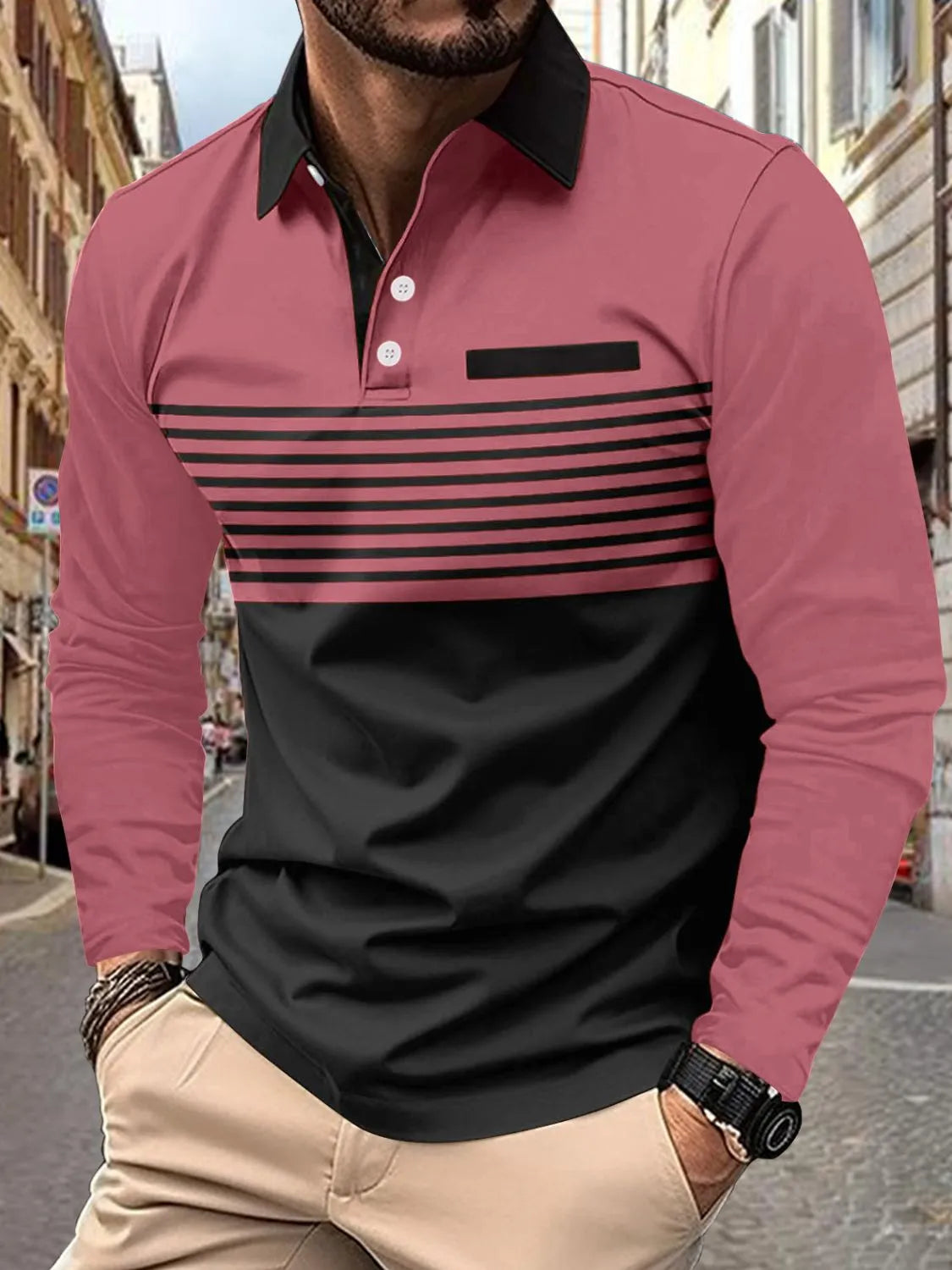 Men's Full Size Collared Neck Long Sleeve Striped Polo Plus Size