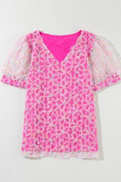 Bonbon Flowery Mesh Short Puff Sleeve Blouse - Clothes For Her Online Store