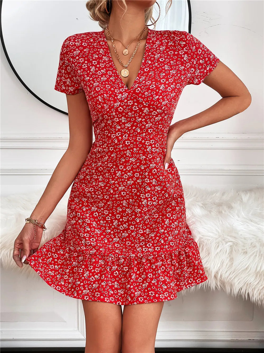Printed Ruffled Hem V-Neck Short Sleeve Mini Dress