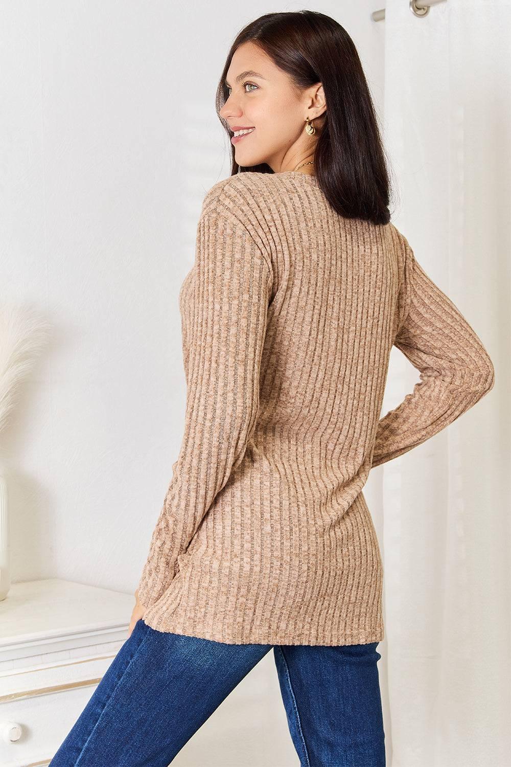 Double Take Notched Neck Ribbed Long Sleeve T-Shirt - Clothes For Her Online Store