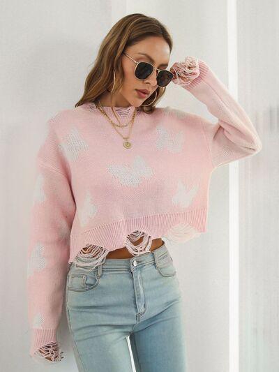 Distressed Butterfly Cropped Sweater - Clothes For Her Online Store
