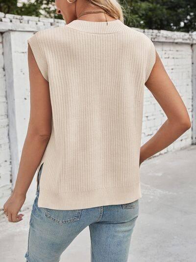 Lovelet Ribbed V-Neck Slit Sweater Vest - Clothes For Her Online Store
