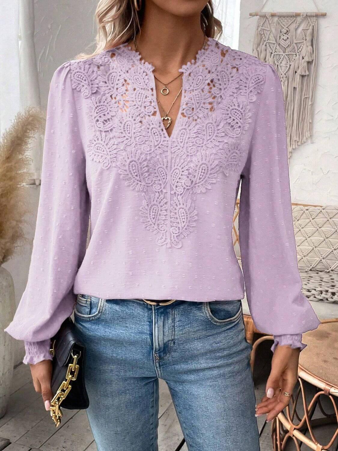 Swiss Dot Lace Detail Notched Long Sleeve Blouse - Clothes For Her Online Store