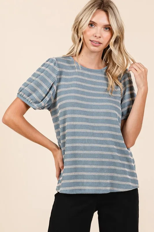 Mittoshop Contrast Striped Short Puff Sleeve Knit Top