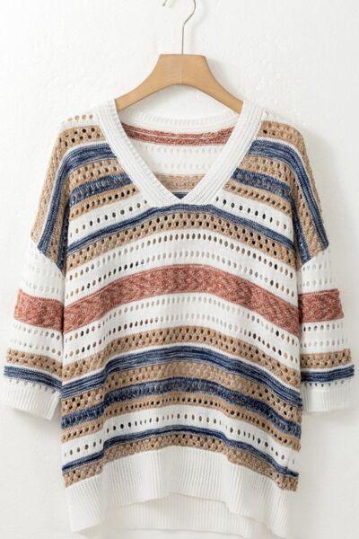 Striped Hollow Out Half Sleeve Knit Top - Clothes For Her Online Store