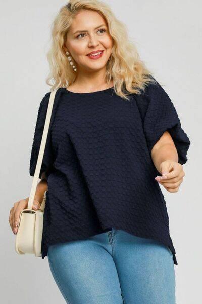 Umgee Full Size Boxy Cut Jacquard Round Neck Top with Side Slit Plus Size - Clothes For Her Online Store