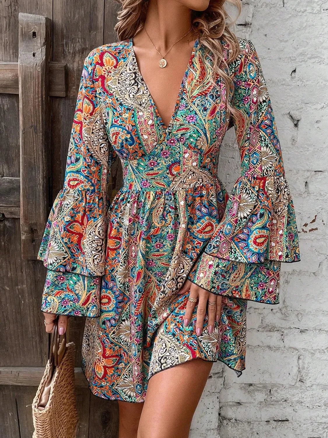 Printed V-Neck Flounce Sleeve Dress