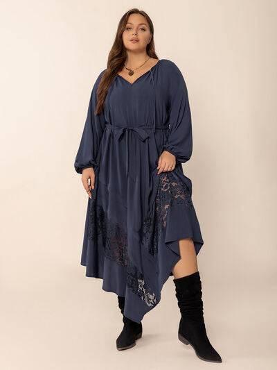 Plus Size Lace Detail Tie Neck Long Sleeve Midi Dress - Clothes For Her Online Store