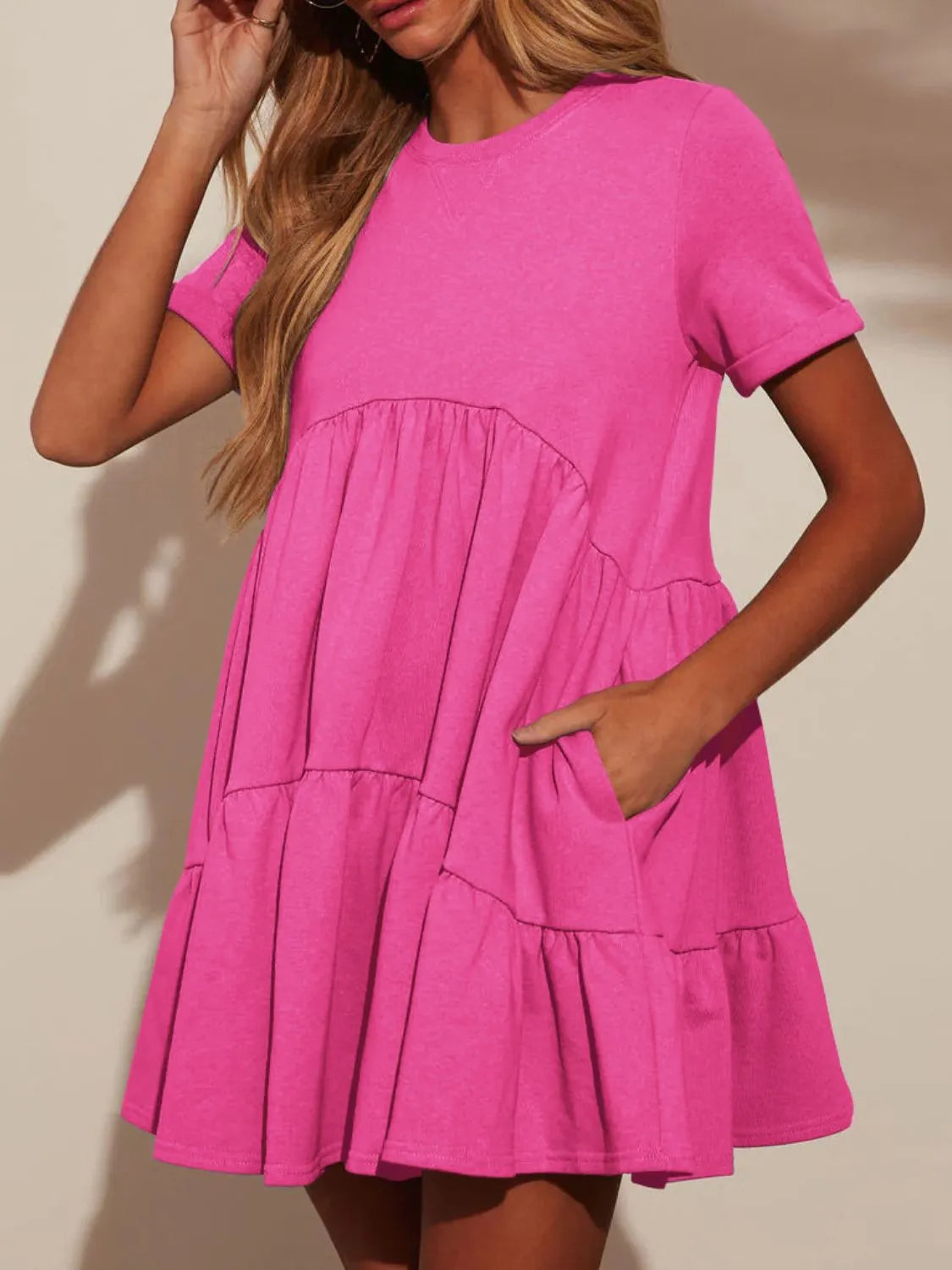 Tiered Round Neck Short Sleeve Mini Dress