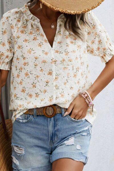 Frill Printed Notched Short Sleeve Blouse - Clothes For Her Online Store