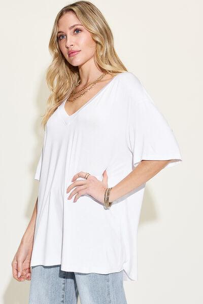 Basic Bae Full Size Bamboo V-Neck Drop Shoulder T-Shirt - Clothes For Her Online Store