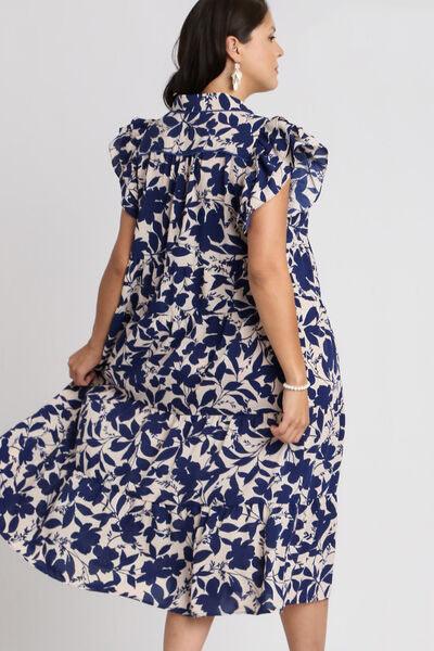 Umgee Full Size Floral Collared Ruffle Cap Sleeve Midi Dress Plus Size - Clothes For Her Online Store