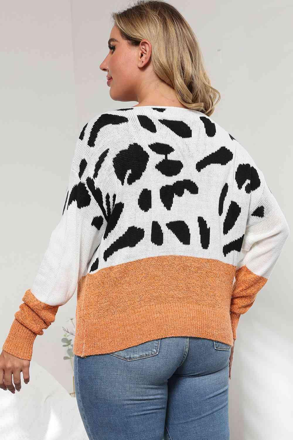 Plus Size Leopard Round Neck Long Sleeve Sweater - Clothes For Her Online Store