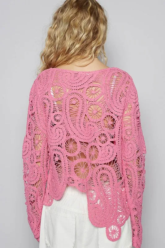 POL Crochet Asymmetrical Hem Round Neck Knit Cover Up