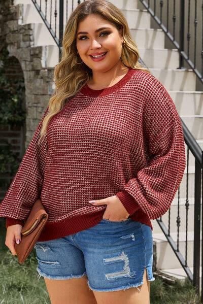 Plus Size Waffle-Knit Round Neck Dropped Shoulder Sweater - Clothes For Her Online Store