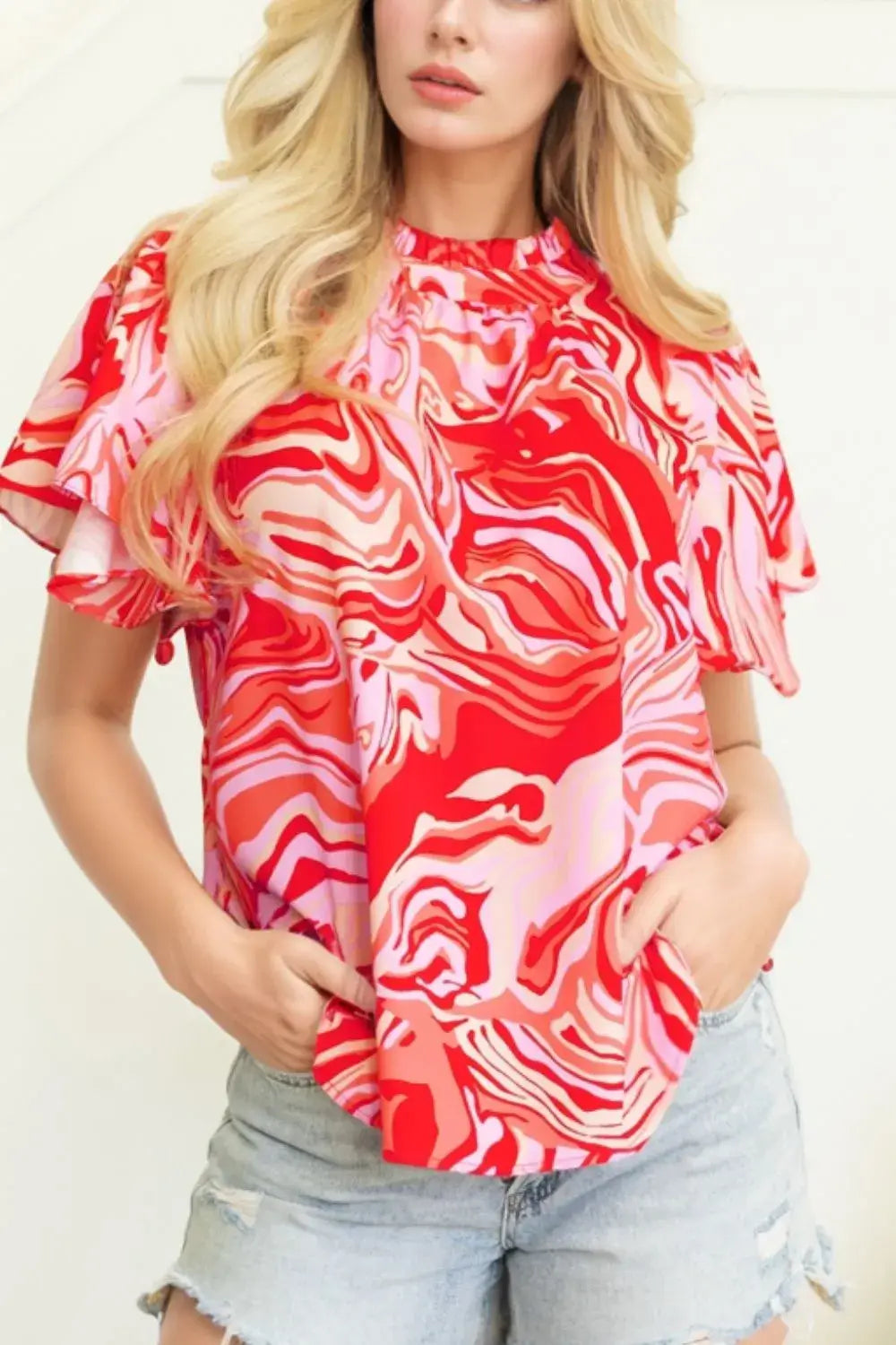 Abstract Print Ruffled Short Sleeve Mock Neck Blouse