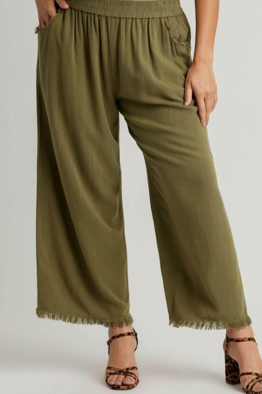Umgee Full Size Linen Blend Elastic Waistband Wide Leg Pants Plus Size - Clothes For Her Online Store