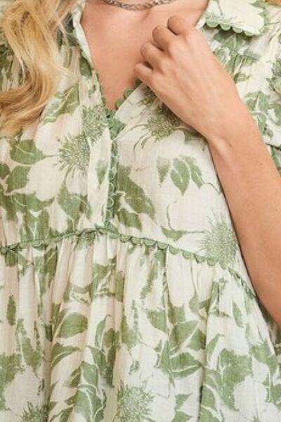 Umgee Full Size Botanical Print Babydoll Top Plus Size - Clothes For Her Online Store