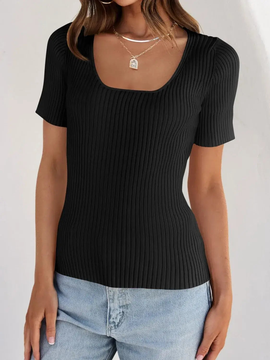 Ribbed Square Neck Short Sleeve Knit Top
