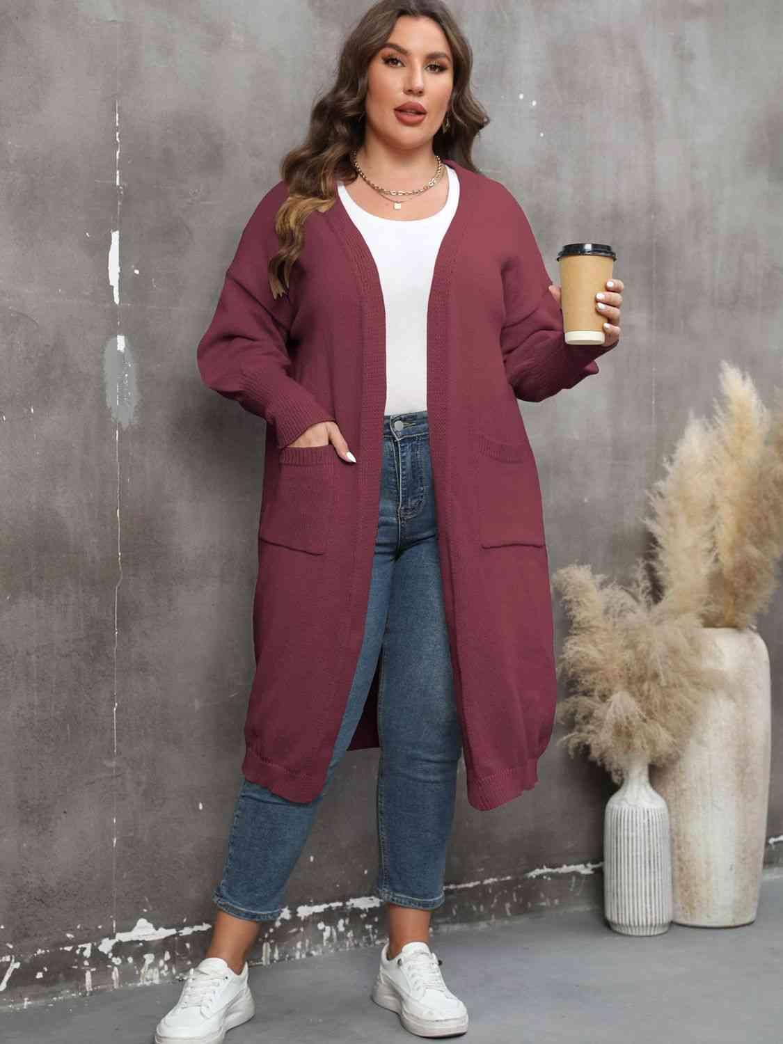 Plus Size Long Sleeve Pocketed Cardigan - Clothes For Her Online Store