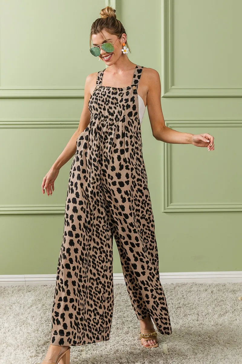 BiBi Leopard Print Wide Leg Overalls - Clothes For Her Online Store