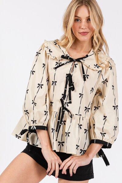 SAGE + FIG Bow Print Tie Front Babydoll Blouse - Clothes For Her Online Store