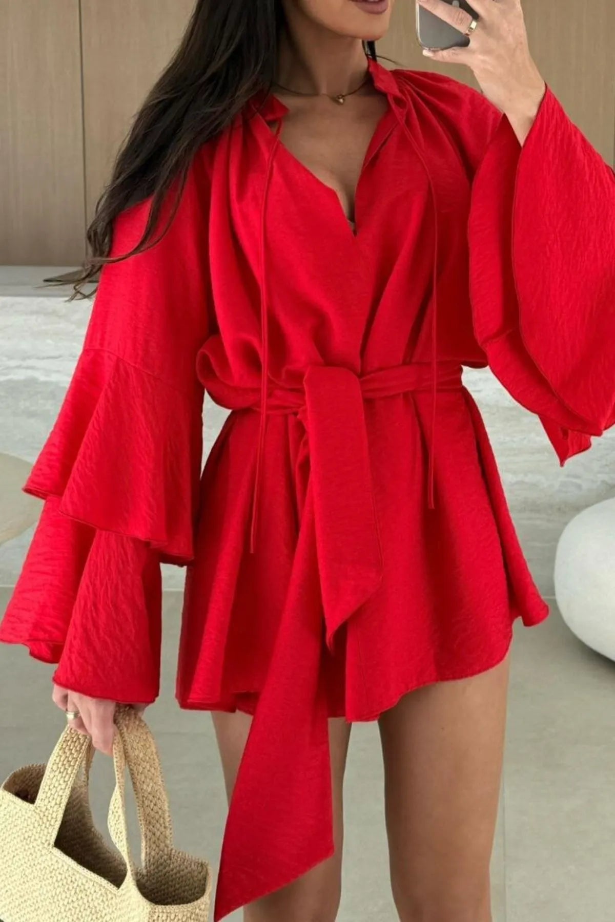 Bell Sleeve Tie Waist Mini Shirt Dress