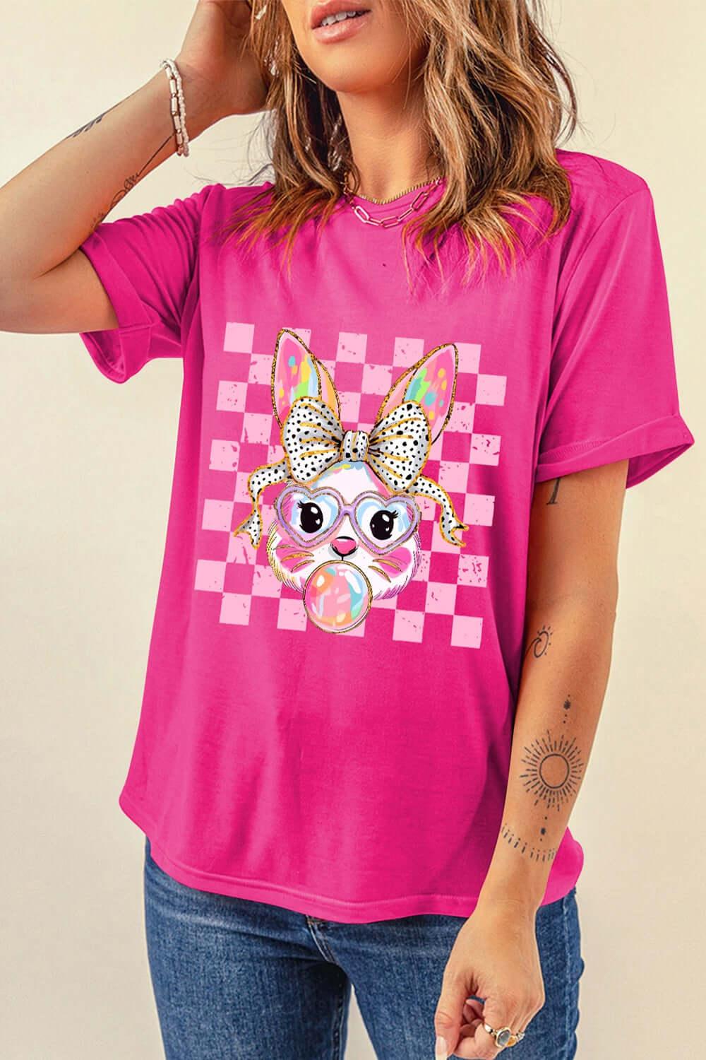 Rabbit Graphic Round Neck Short Sleeve T-Shirt - Clothes For Her Online Store