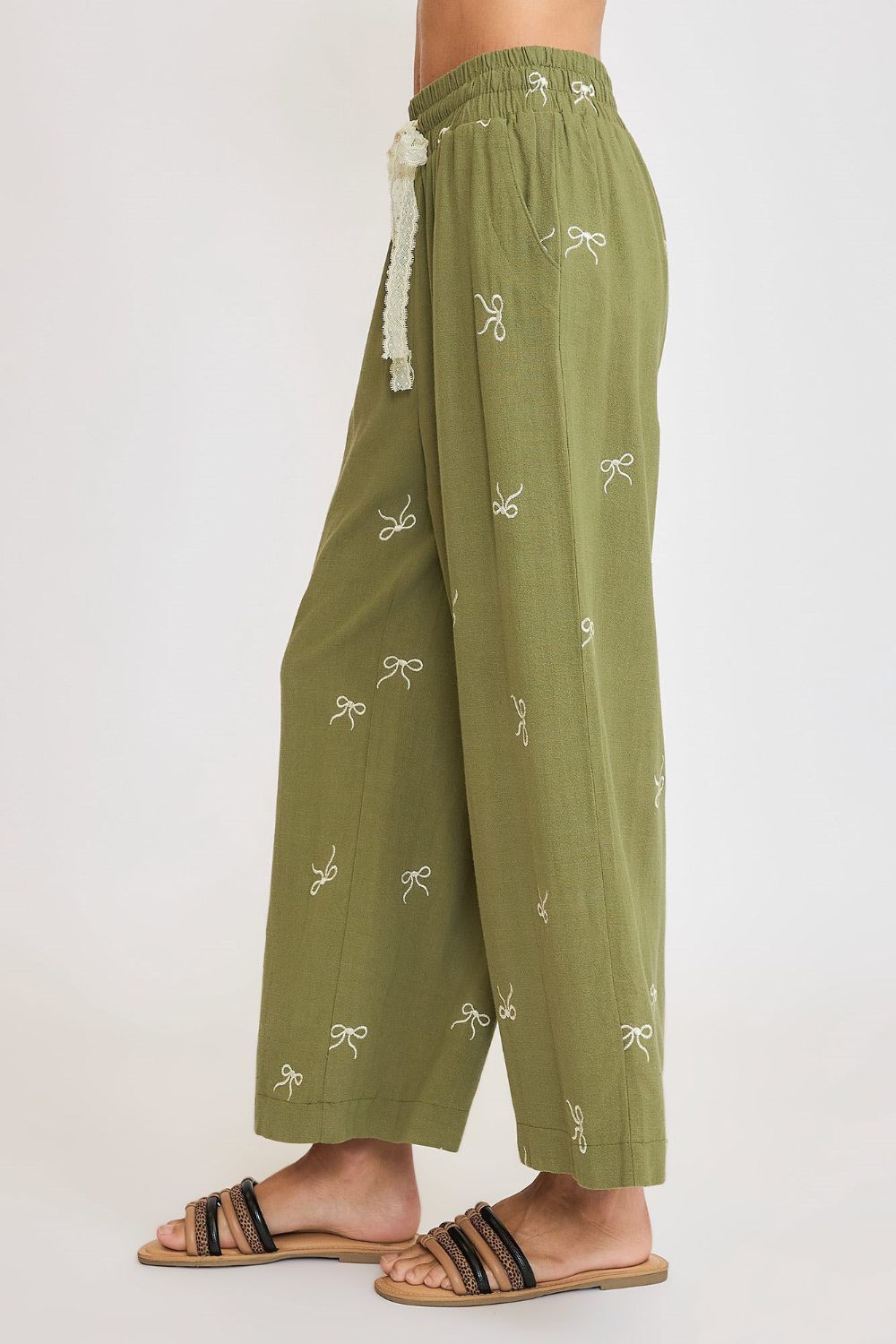 Umgee Full Size Lace Drawstring Embroidered Bow Wide Leg Pants Plus Size - Clothes For Her Online Store