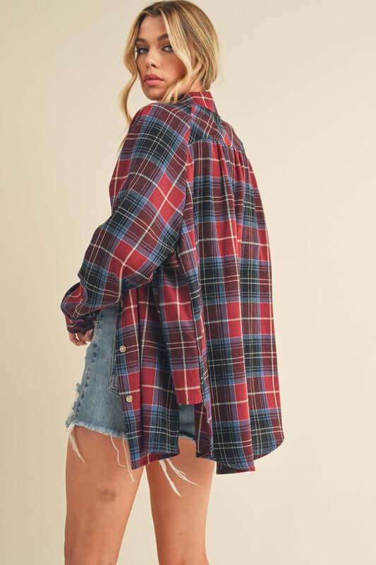 Aemi + Co Flannel Plaid Button Up Raglan Sleeve Shirt - Clothes For Her Online Store