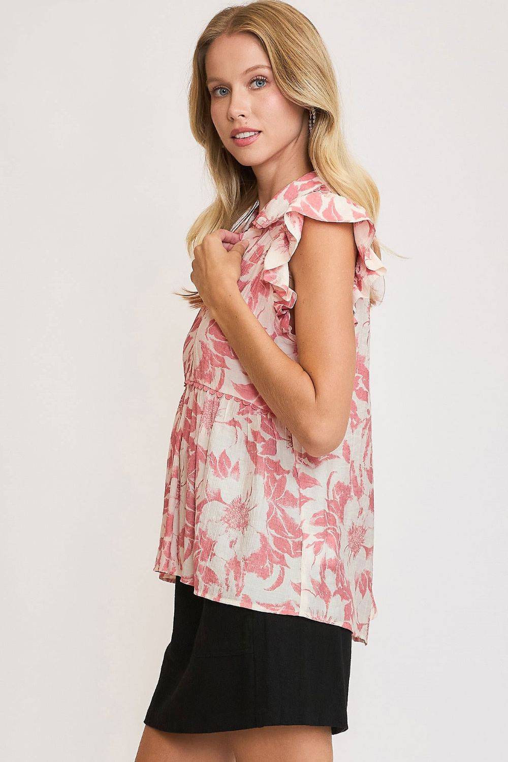 Umgee Full Size Botanical Print Babydoll Top Plus Size - Clothes For Her Online Store