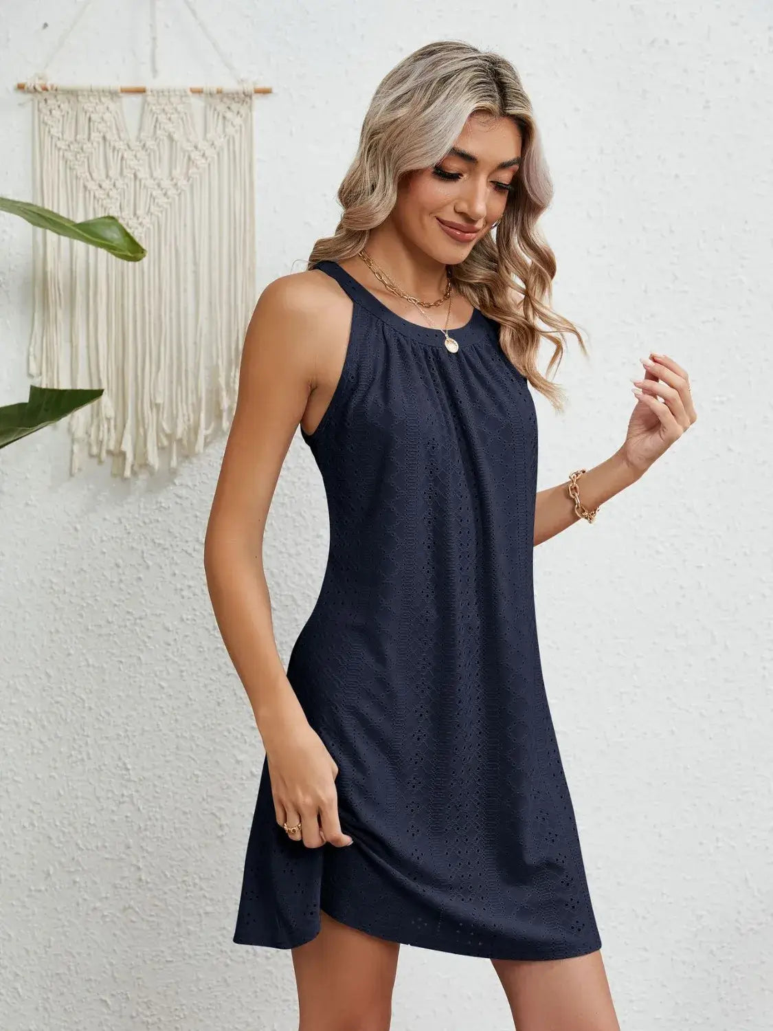 Eyelet Round Neck Sleeveless Dress