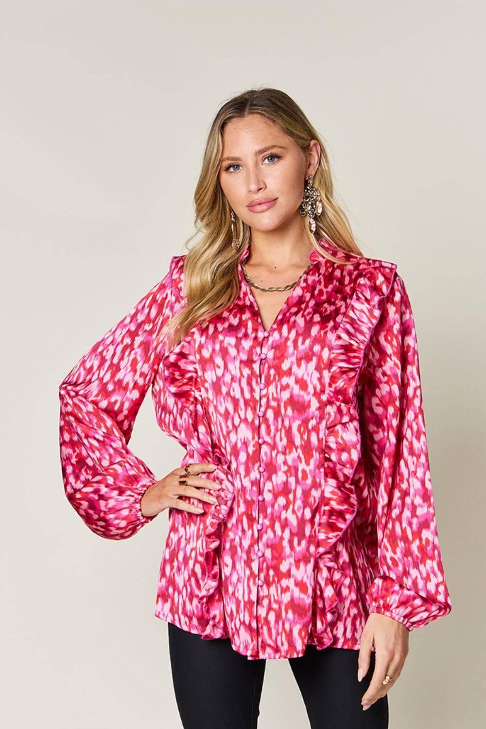Double Take Full Size Printed Ruffle Trim Balloon Sleeve Shirt - Clothes For Her Online Store