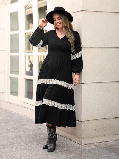 Plus Size Lace Detail V-Neck Long Sleeve Midi Dress - Clothes For Her Online Store