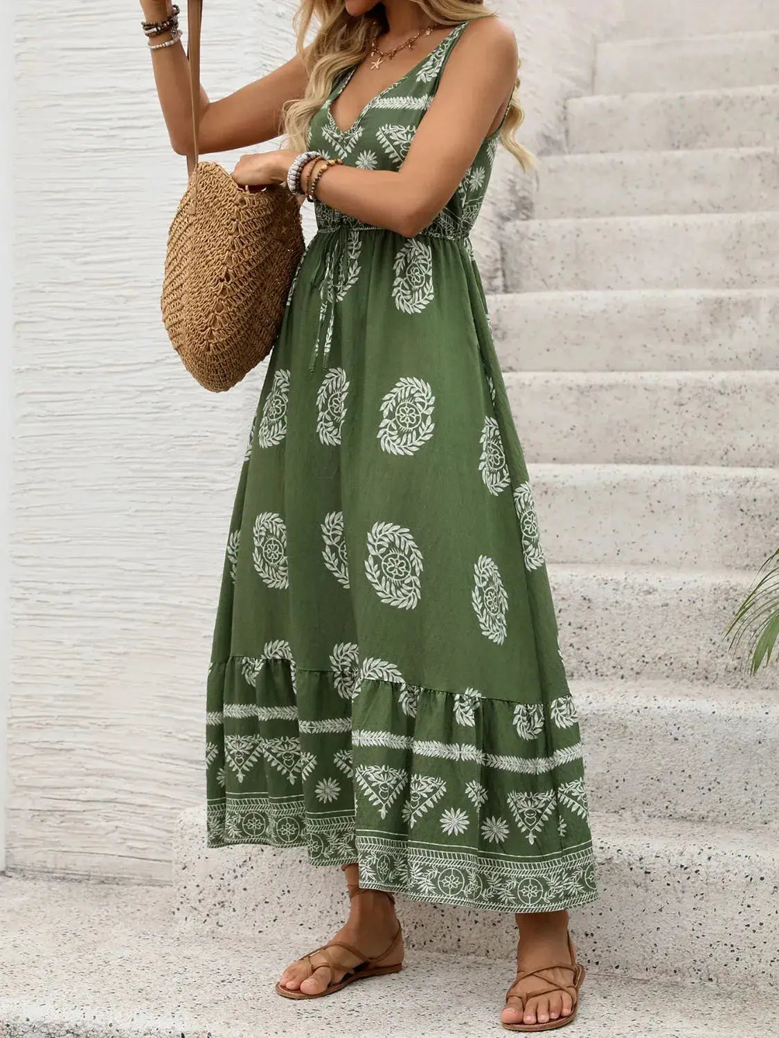 Printed V-Neck Sleeveless Dress - Clothes For Her Online Store