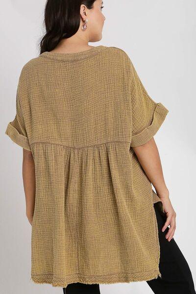 Umgee Full Size Side Slit Notched Mineral Wash Gauze Fabric Top Plus Size - Clothes For Her Online Store