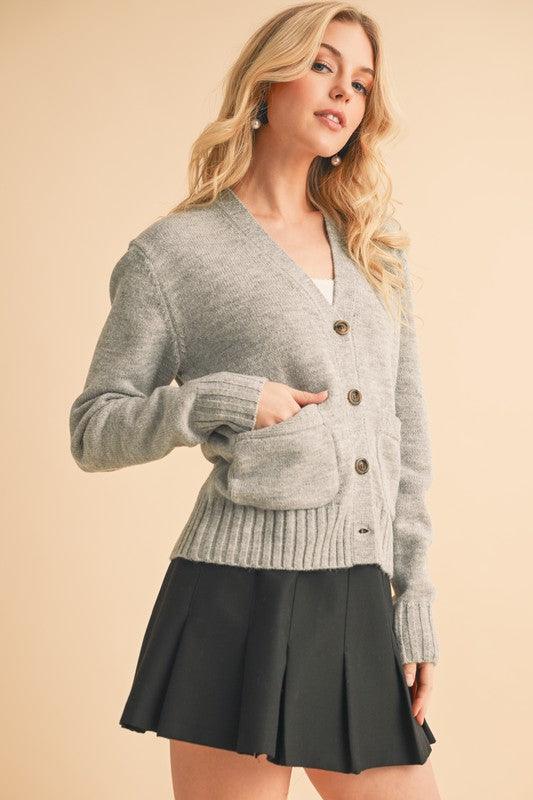 Aemi + Co Ribbed Hem Button Down V-Neck Cardigan - Clothes For Her Online Store