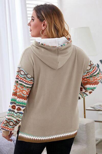 Plus Size Waffle-Knit Geometric Dropped Shoulder Hoodie - Clothes For Her Online Store