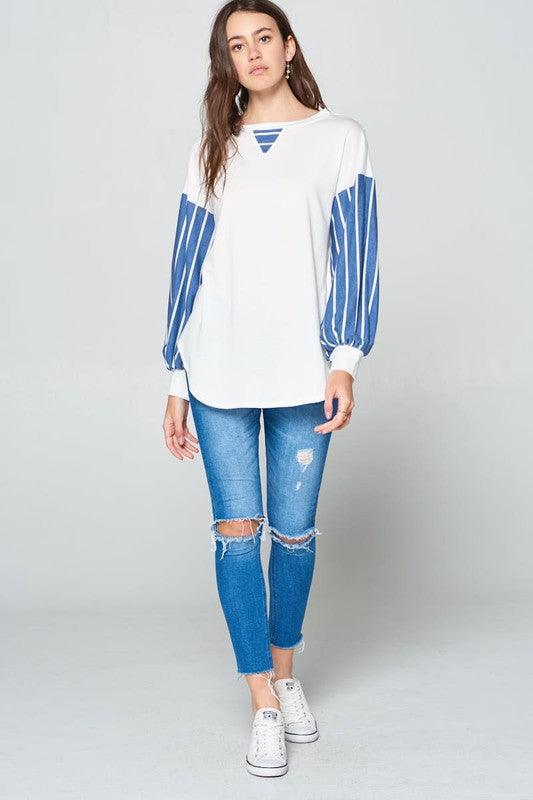 Super Lady Full Size French Terry Striped Long Sleeve Top - Clothes For Her Online Store
