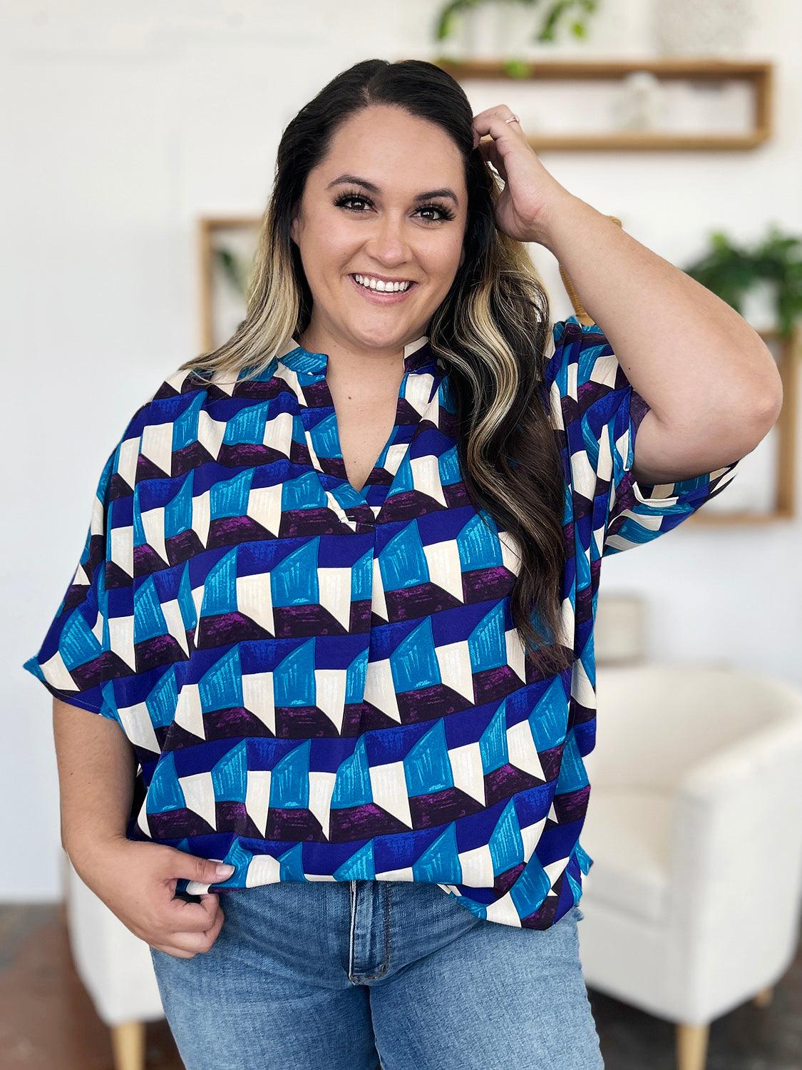 Double Take Full Size Geometric Notched Half Sleeve Blouse - Clothes For Her Online Store