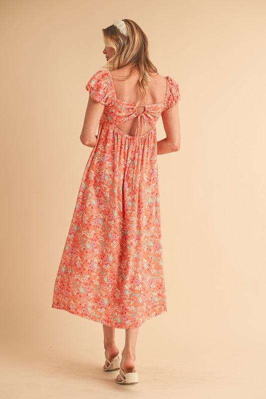 Aemi + Co Cutout Back Floral Square Neck Puff Sleeve Midi Dress - Clothes For Her Online Store
