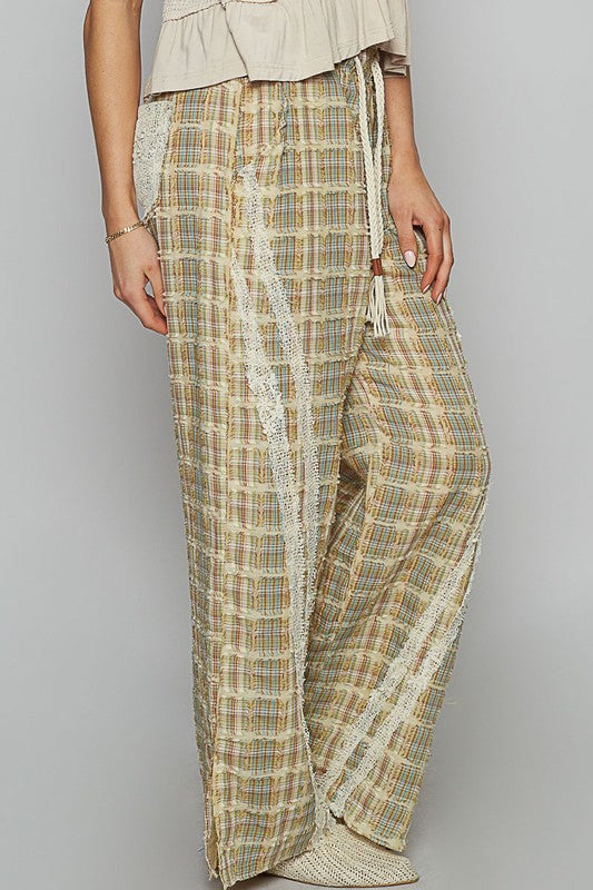 POL Lace Trim Drawstring Checkered Wide Leg Pants - Clothes For Her Online Store