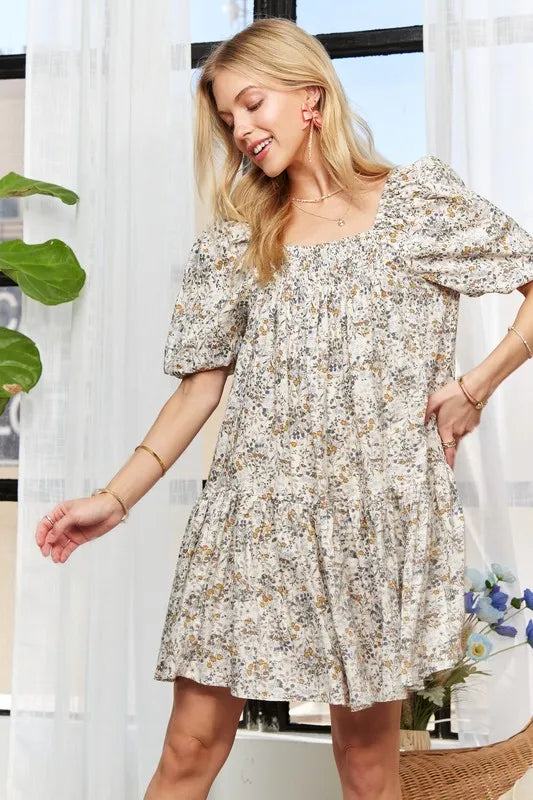 ADORA Floral Square Neck Puff Sleeve Dress