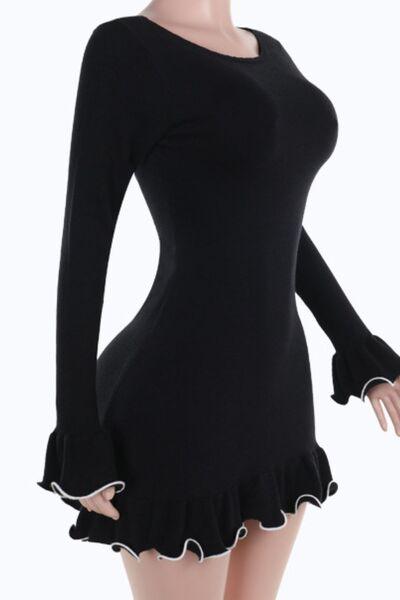 Contrast Trim Long Sleeve Mini Dress - Clothes For Her Online Store