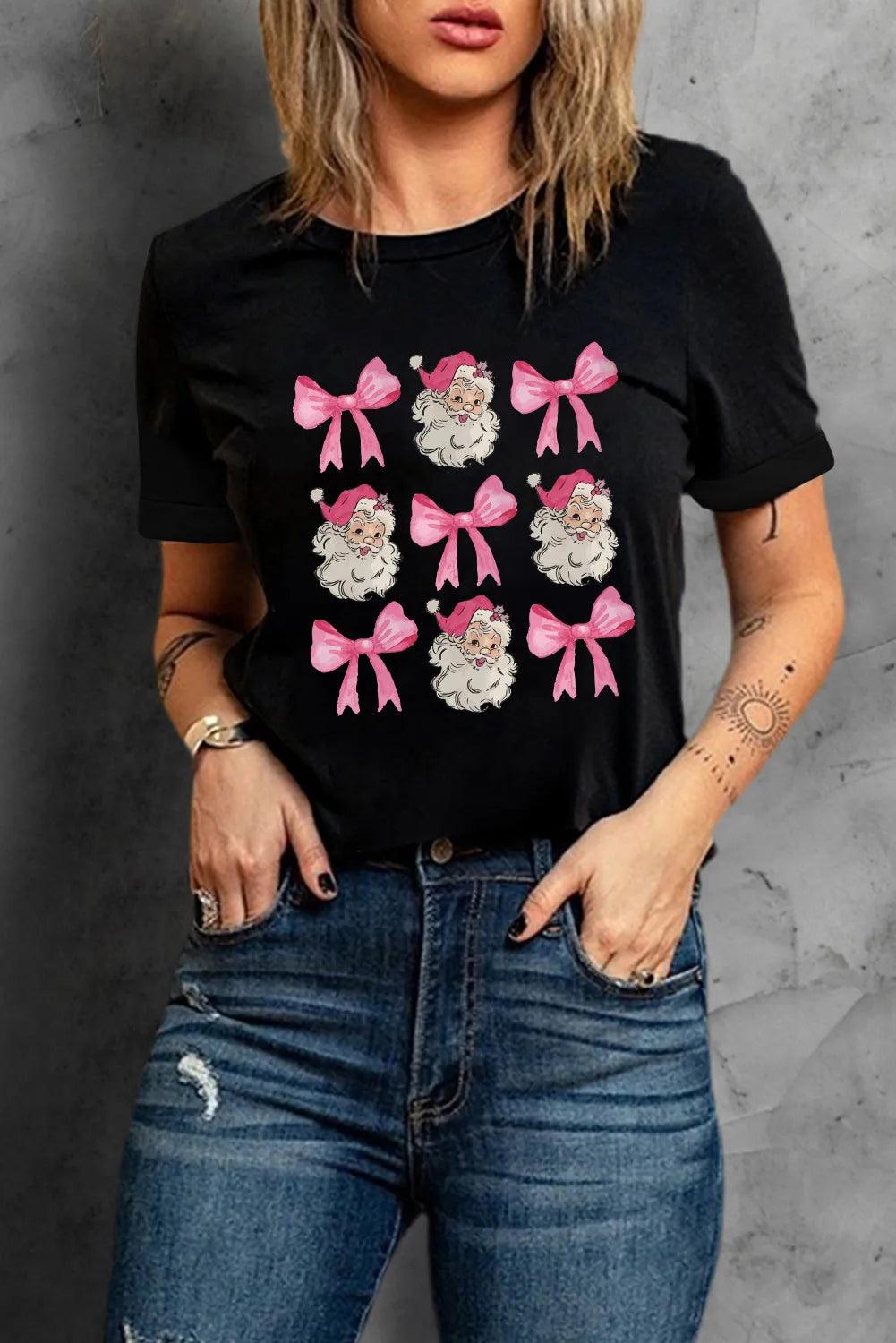 Santa & Bow Graphic Round Neck Short Sleeve T-Shirt - Clothes For Her Online Store